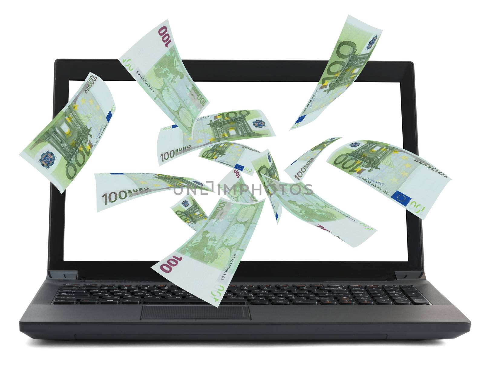 Black laptop with money flow on isolated white background
