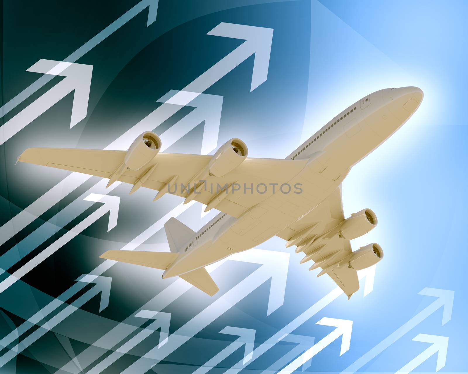 Jet with arrows on abstract blue background
