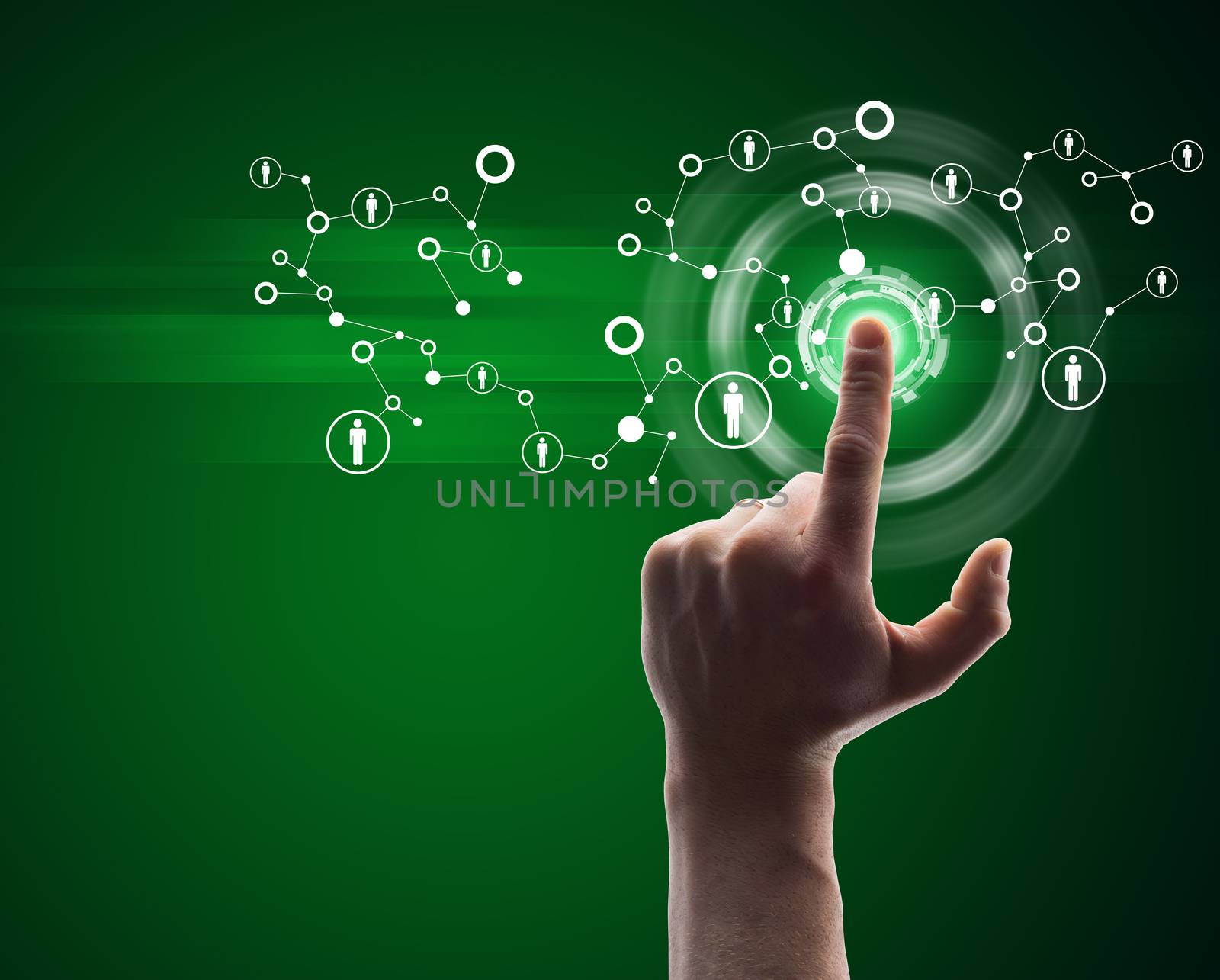 Hand pressing green virtual button  by cherezoff
