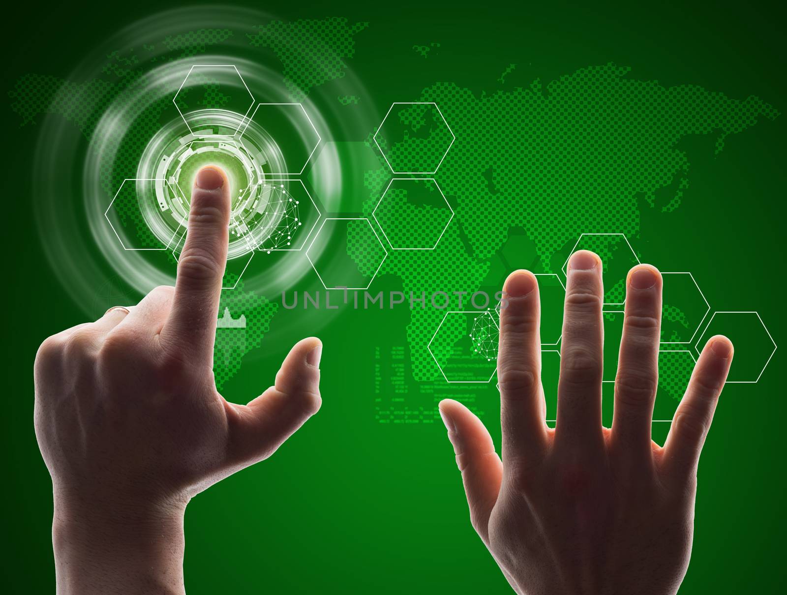 Human hand pressing green virtual button  by cherezoff