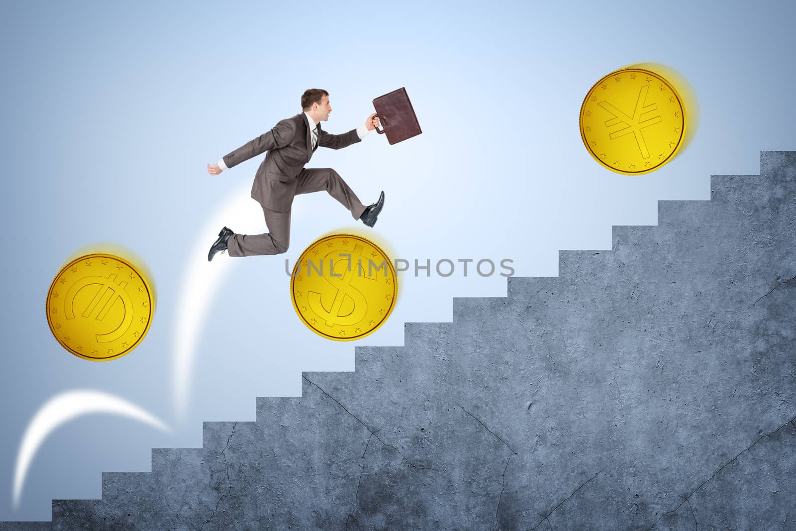 Businessman running up stairs with coins by cherezoff