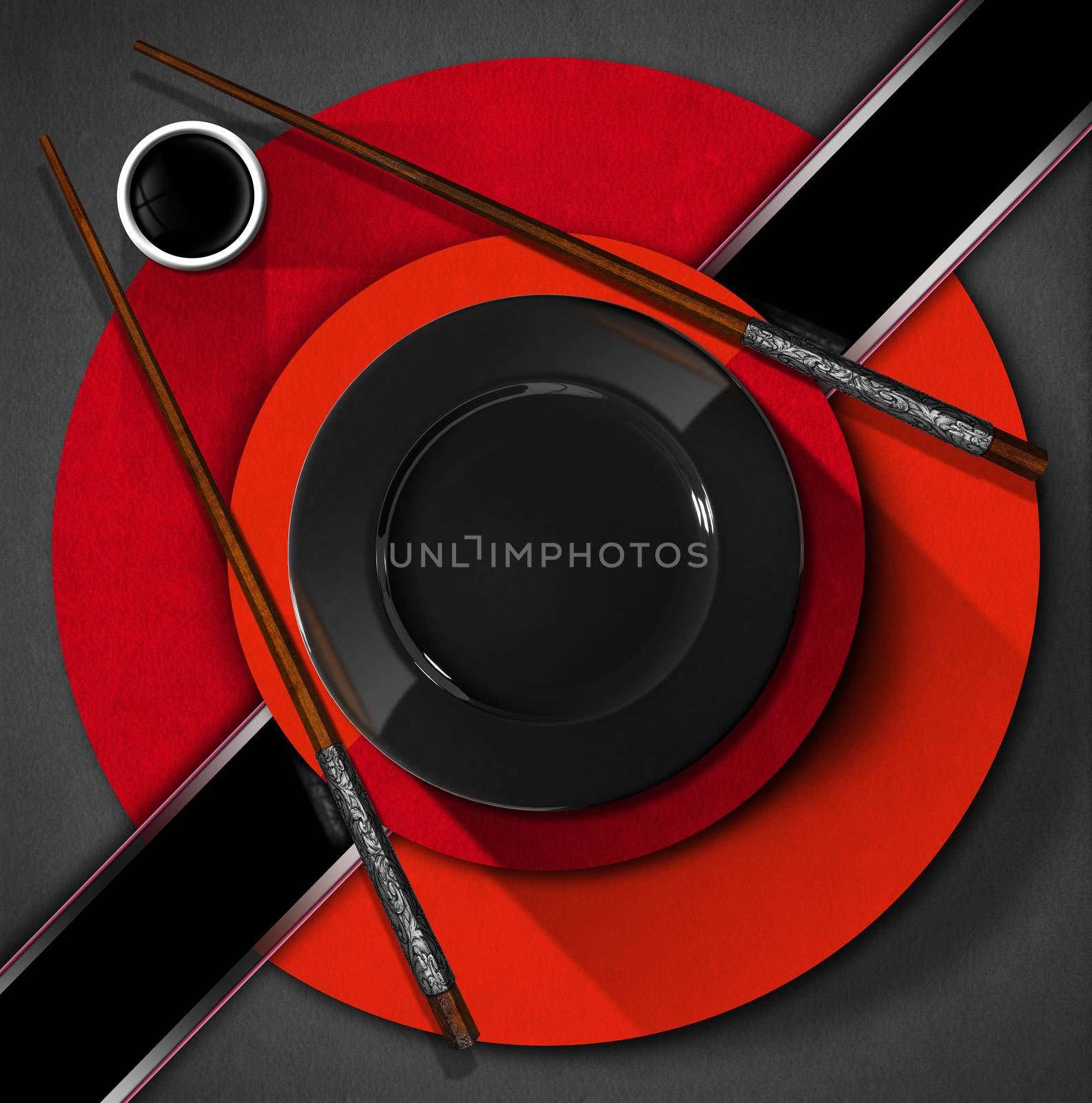 Template for an Asian menu with wooden and silver chopsticks, black plate and a bowl of sauce. On a red, black and grey background