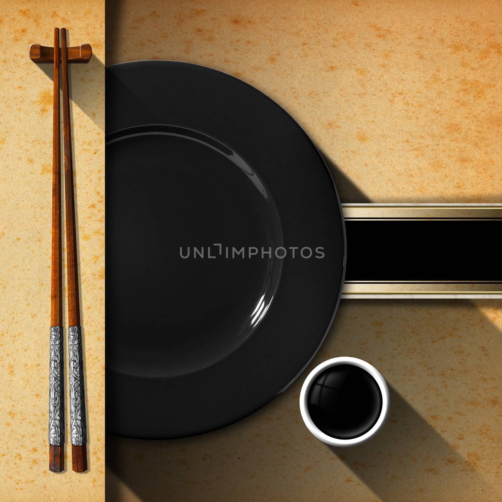 Template for an Asian menu with wooden and silver chopsticks, black plate and a bowl of sauce. Black band with space for text on yellowed paper