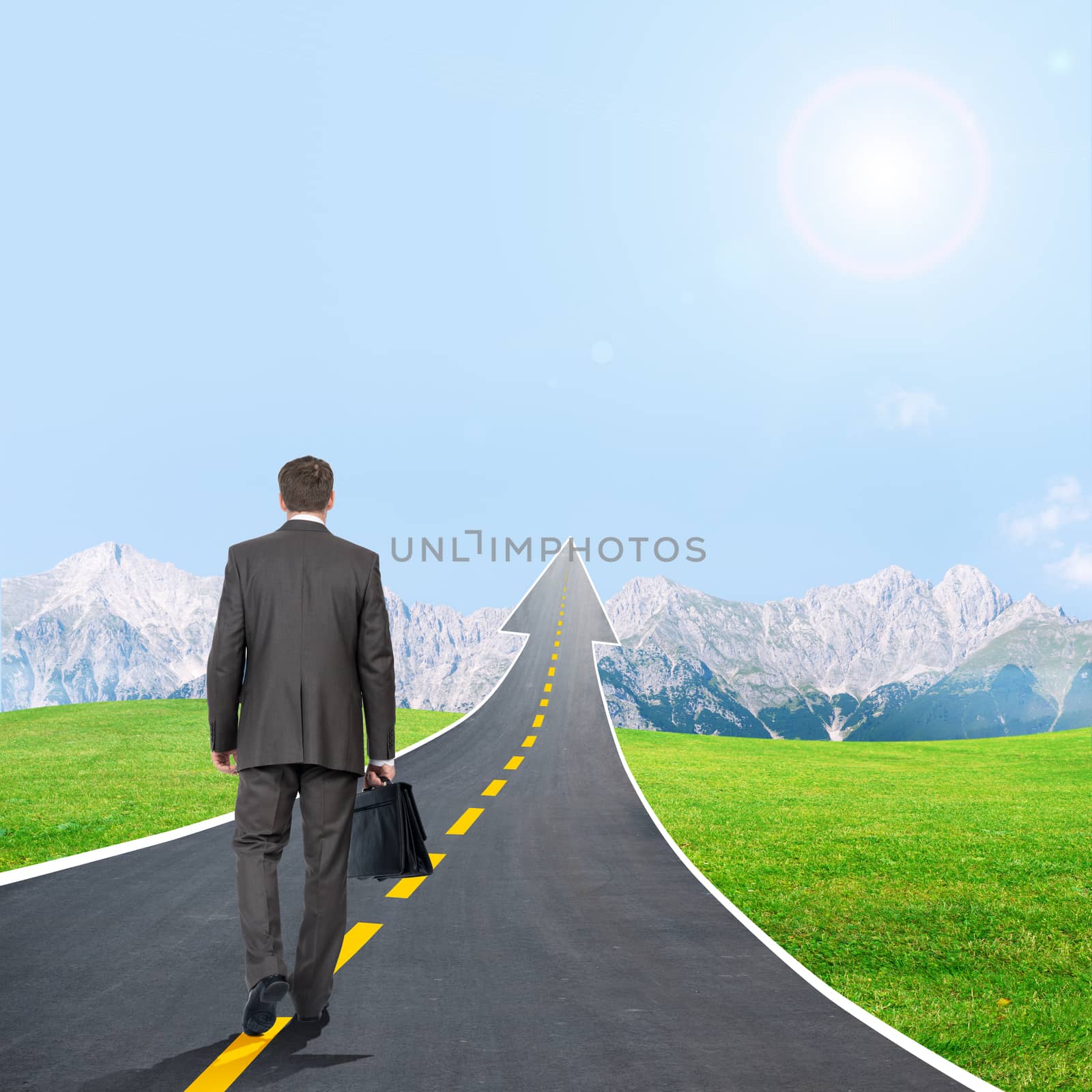 Businessman walking on highway road going up as an arrow in sky, rear view
