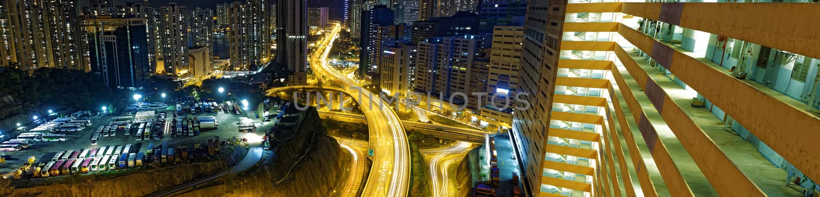 busy traffic night in finance urban, hong kong city