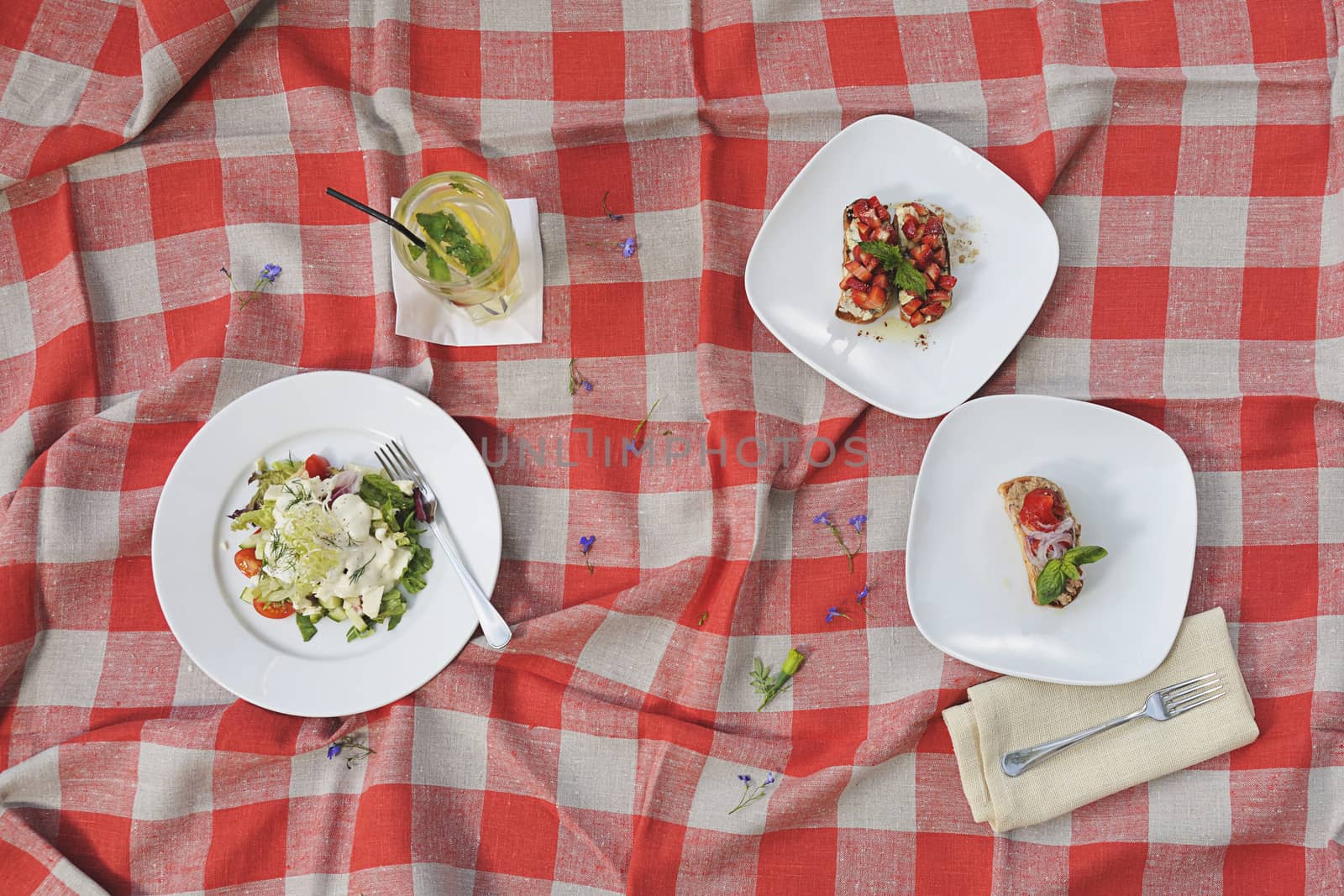 Picnic with Sandwiches and salad on red squares material