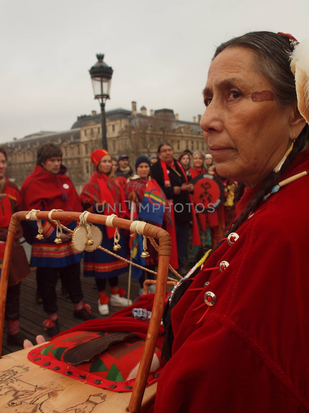 FRANCE, Paris : Indigenous people organizations demonstrate in Paris Pont des Arts on December 12, 2015 as COP 21 negotiations come to an end. 
