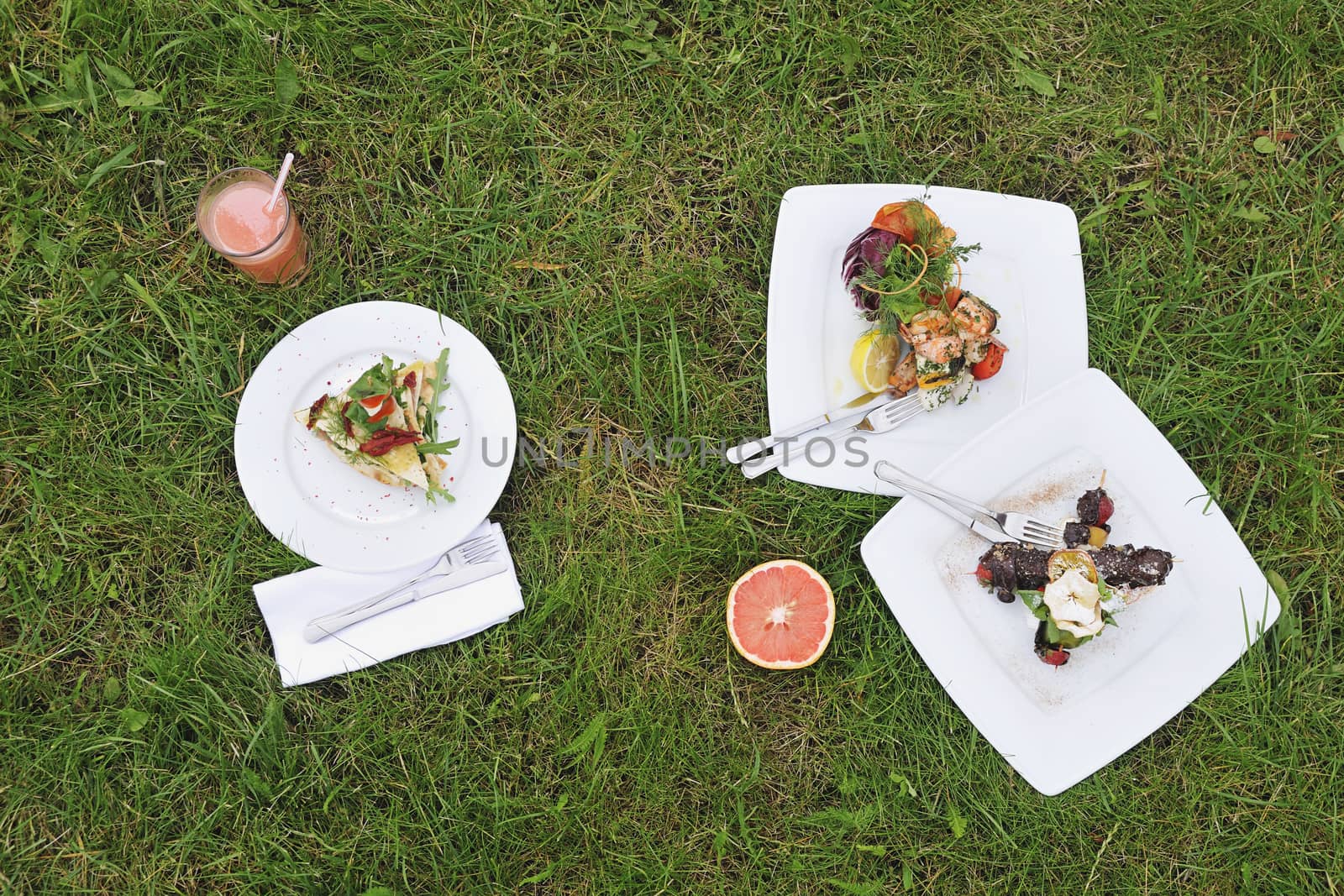 Food on white plate and juice on grass background