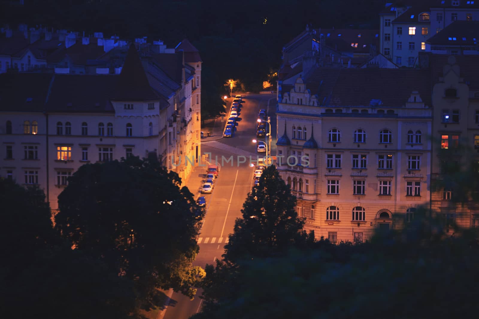 Old long street at night in Czech Republic