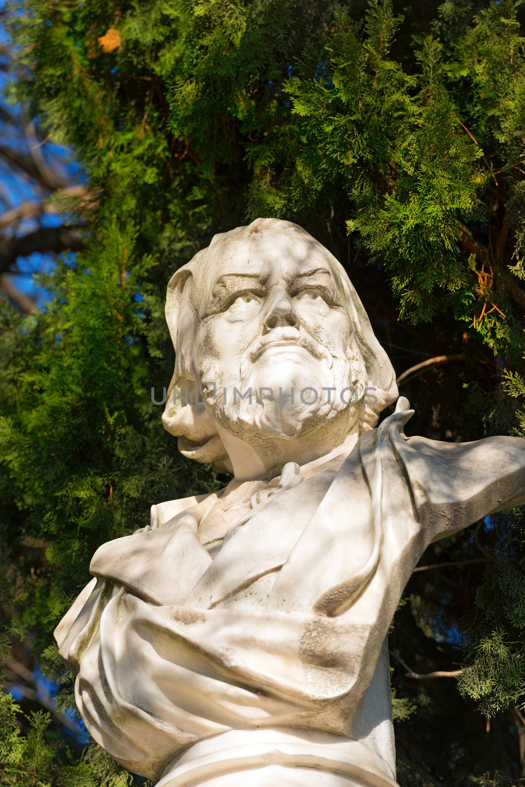 Detail of the marble bust of the Doctor Franz Tappeiner (1816-1902), botanist and anthropologist in Merano, Bolzano, Trentino Alto Adige, Italy