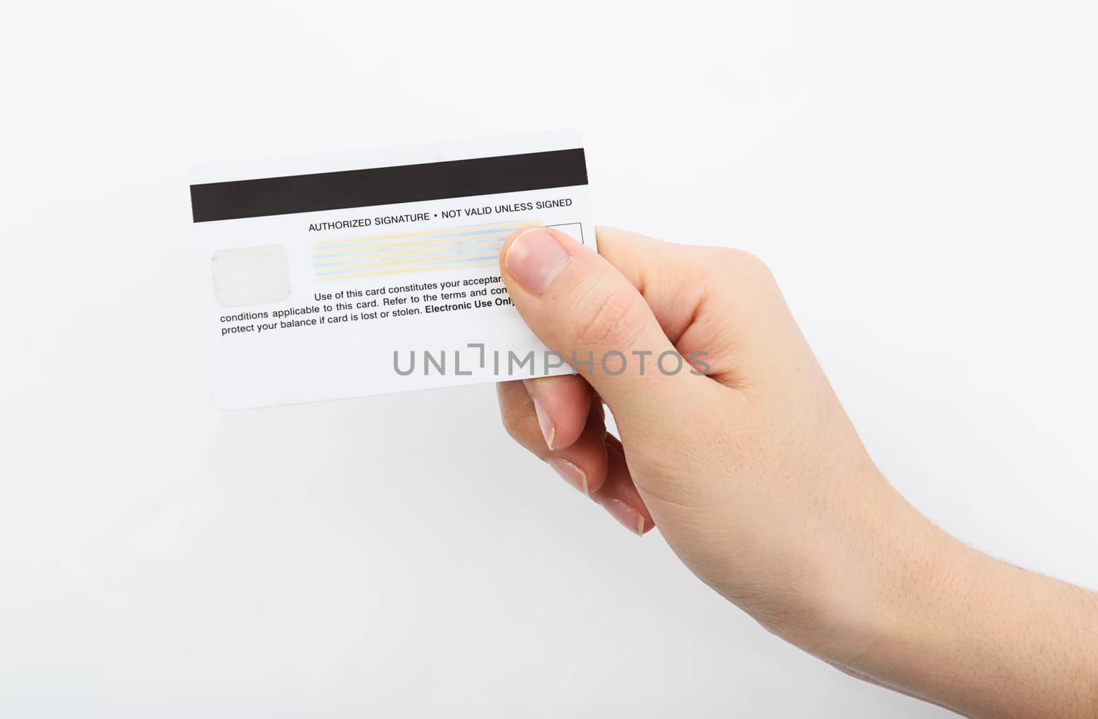 Close up of hand holding credit card on white background