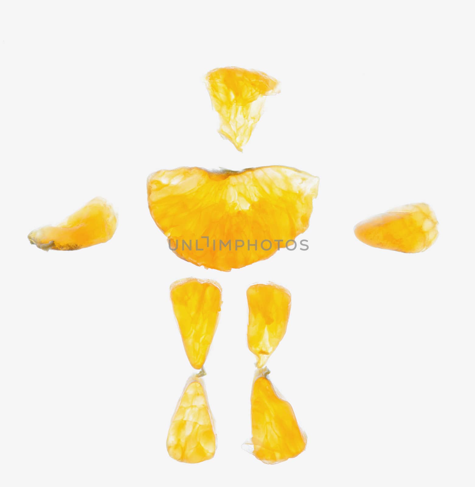 Mandarines slices on white background in human shape