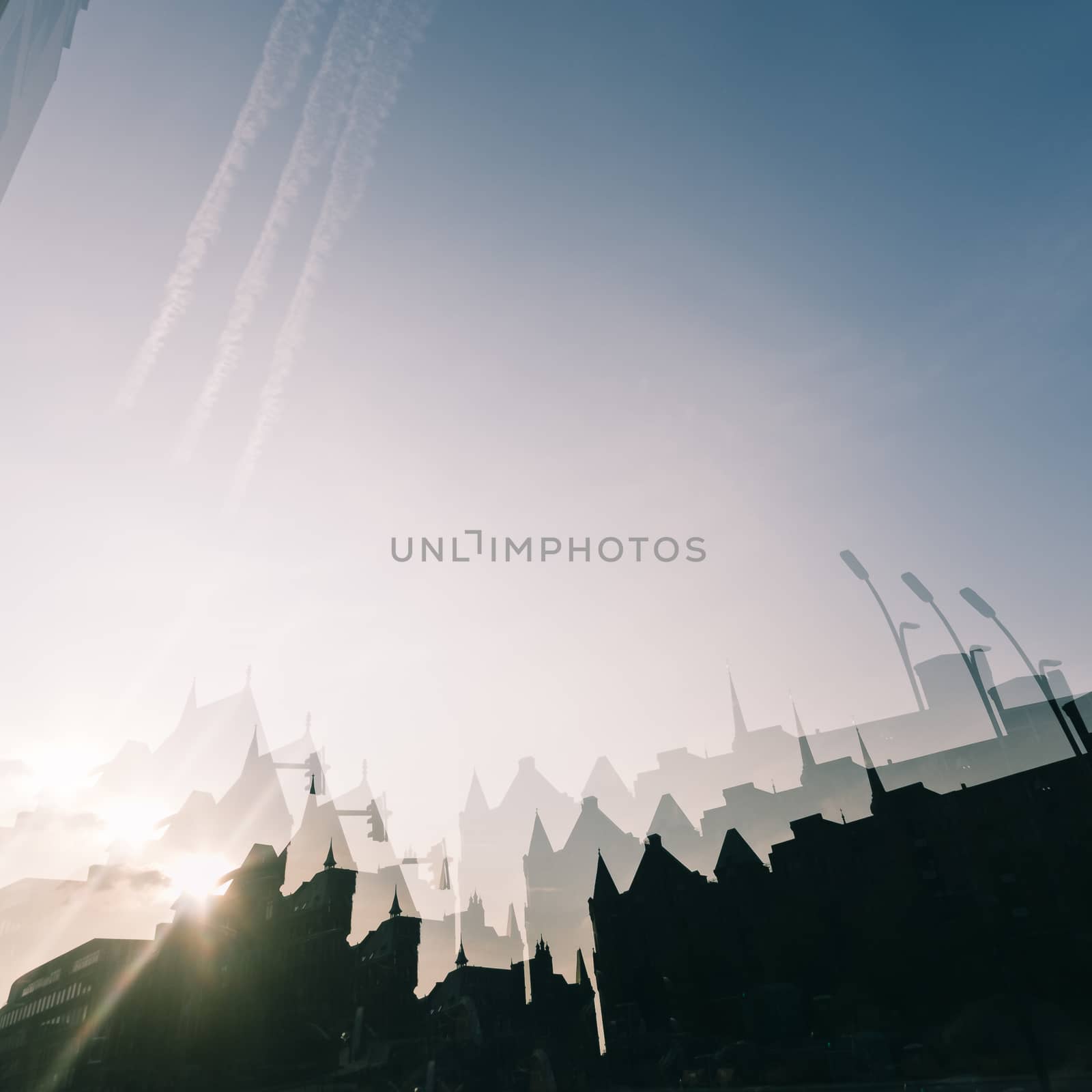 Double exposure photograph of a city skyline