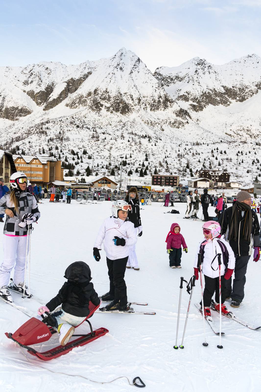PONTE DI LEGNO, Italy - December 25: Families on holiday on the slopes of the Italian Alps on Thursday, December 25, 2014.