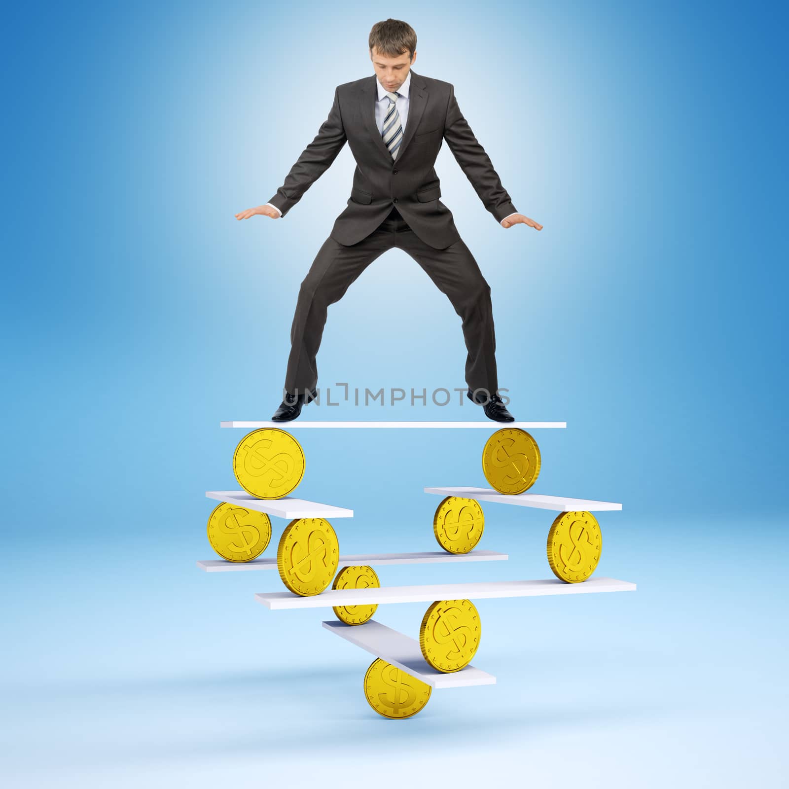 Businessman standing on balance with coins and looking down