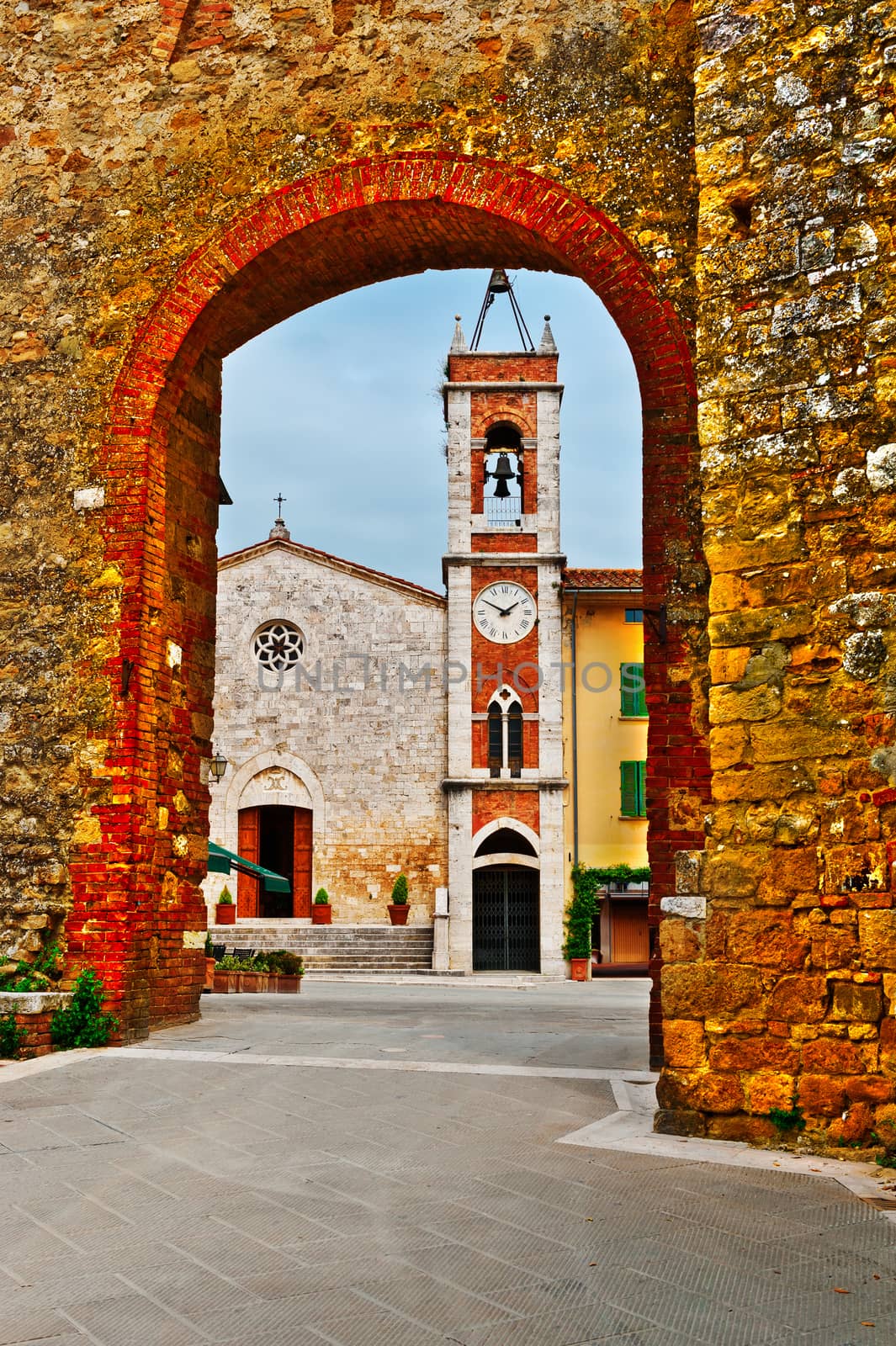 View through the Arch to the Church in the Italian City of Cetona