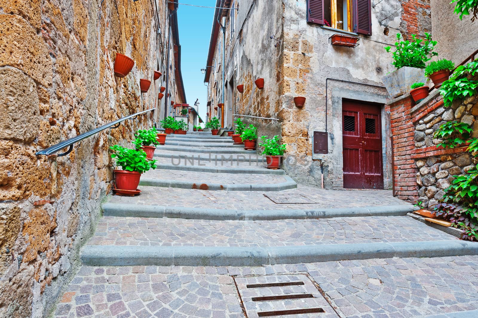 Staircase of the Narrow Street with Old Buildings in the Medieval Italian City 