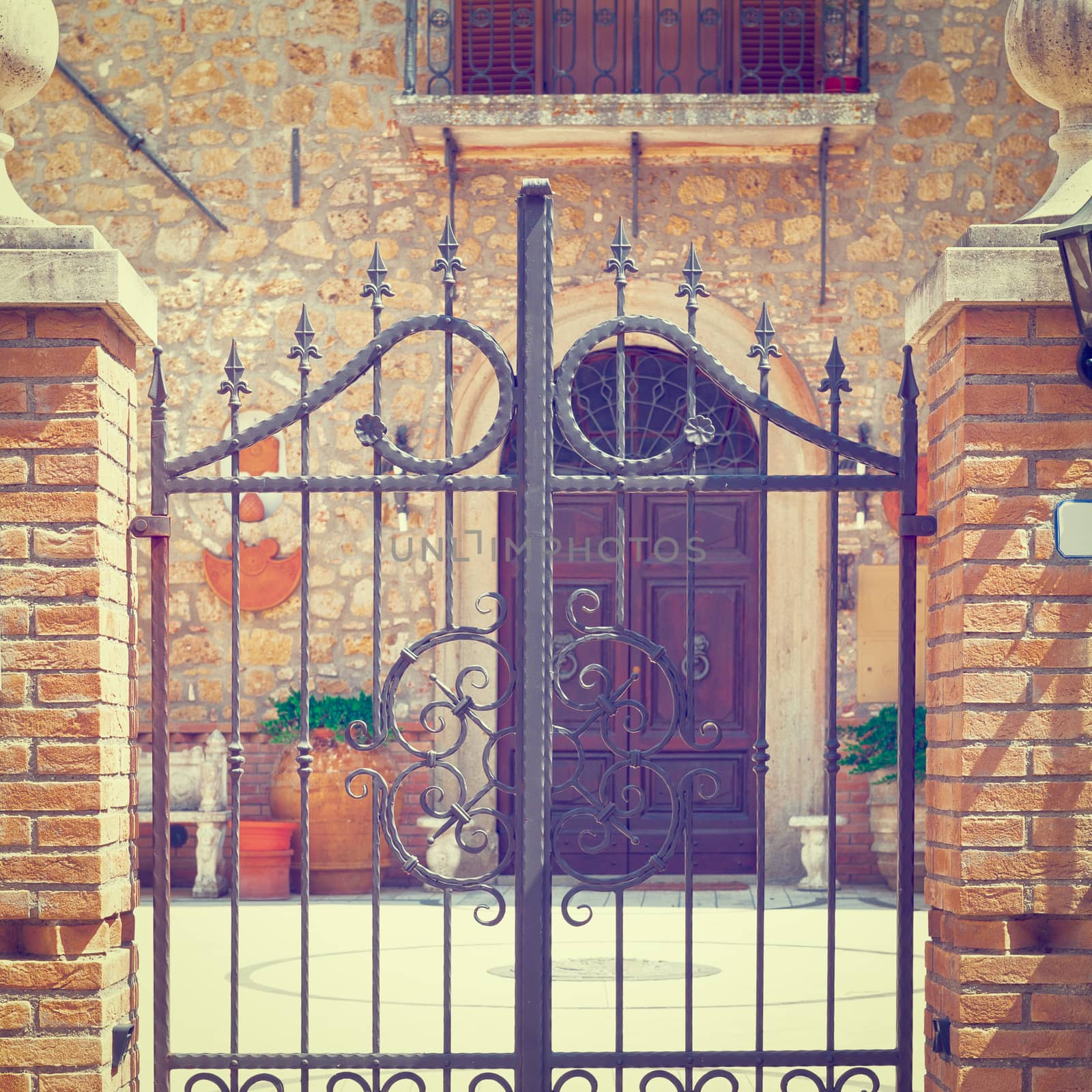 Steel Gate  Leading into the Courtyard of Old Italian House, Instagram Effect