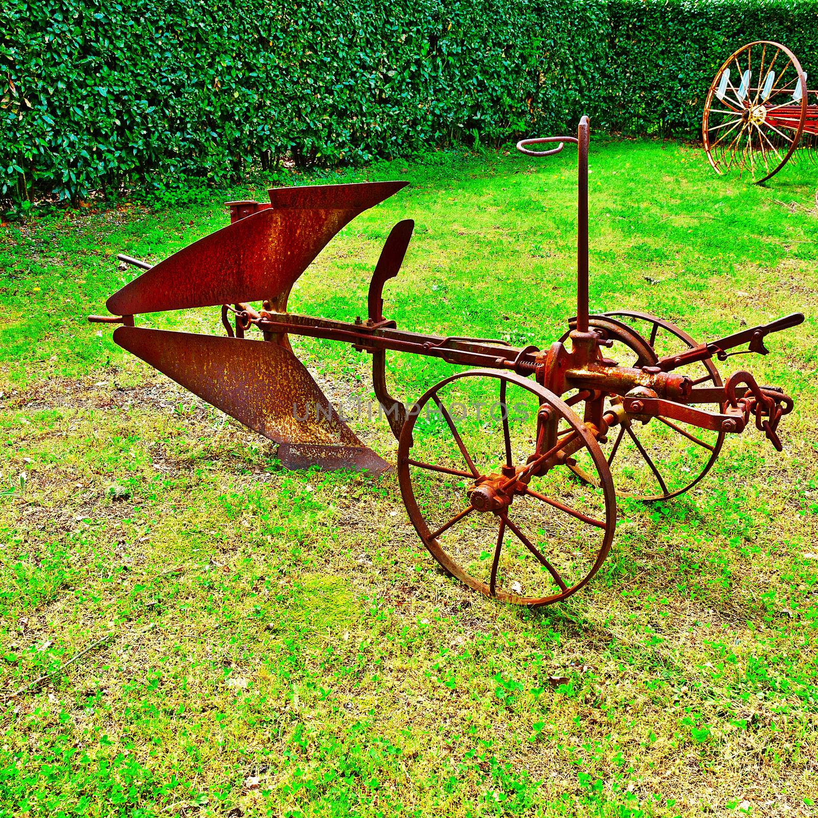 Old Agricultural Machines on a Green Grass