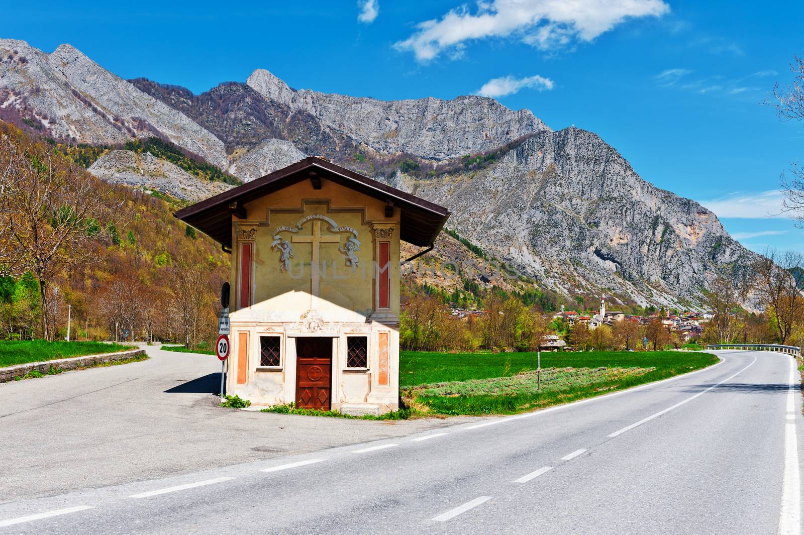 Little Church Near the Crossroads in the Italian Alps