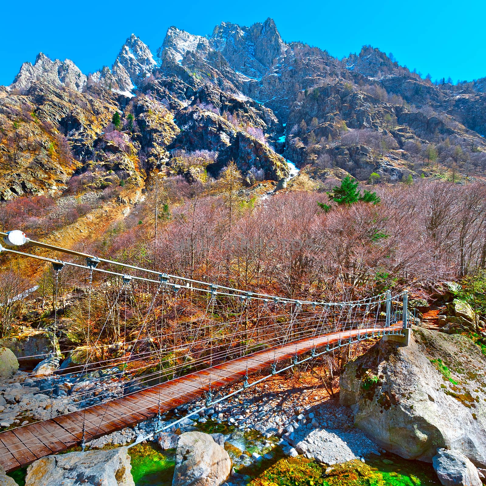 Cable-Stayed Bridge across Mountain Stream in the Italian Alps, Piedmont