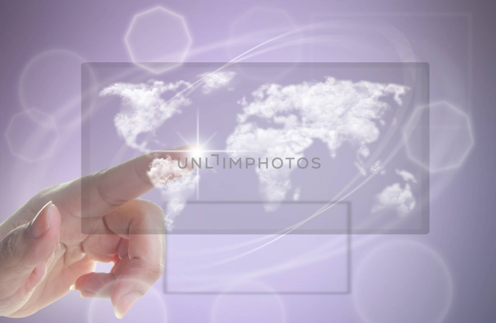 Finger pressing touch screen with cloud world map 