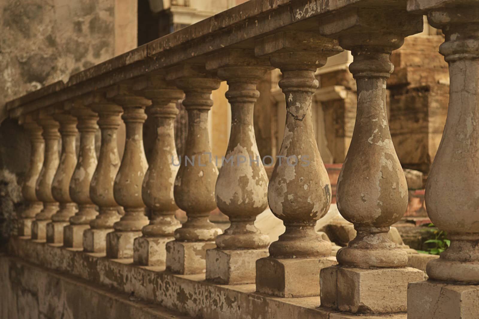 Row of balustrade in balcony of old church