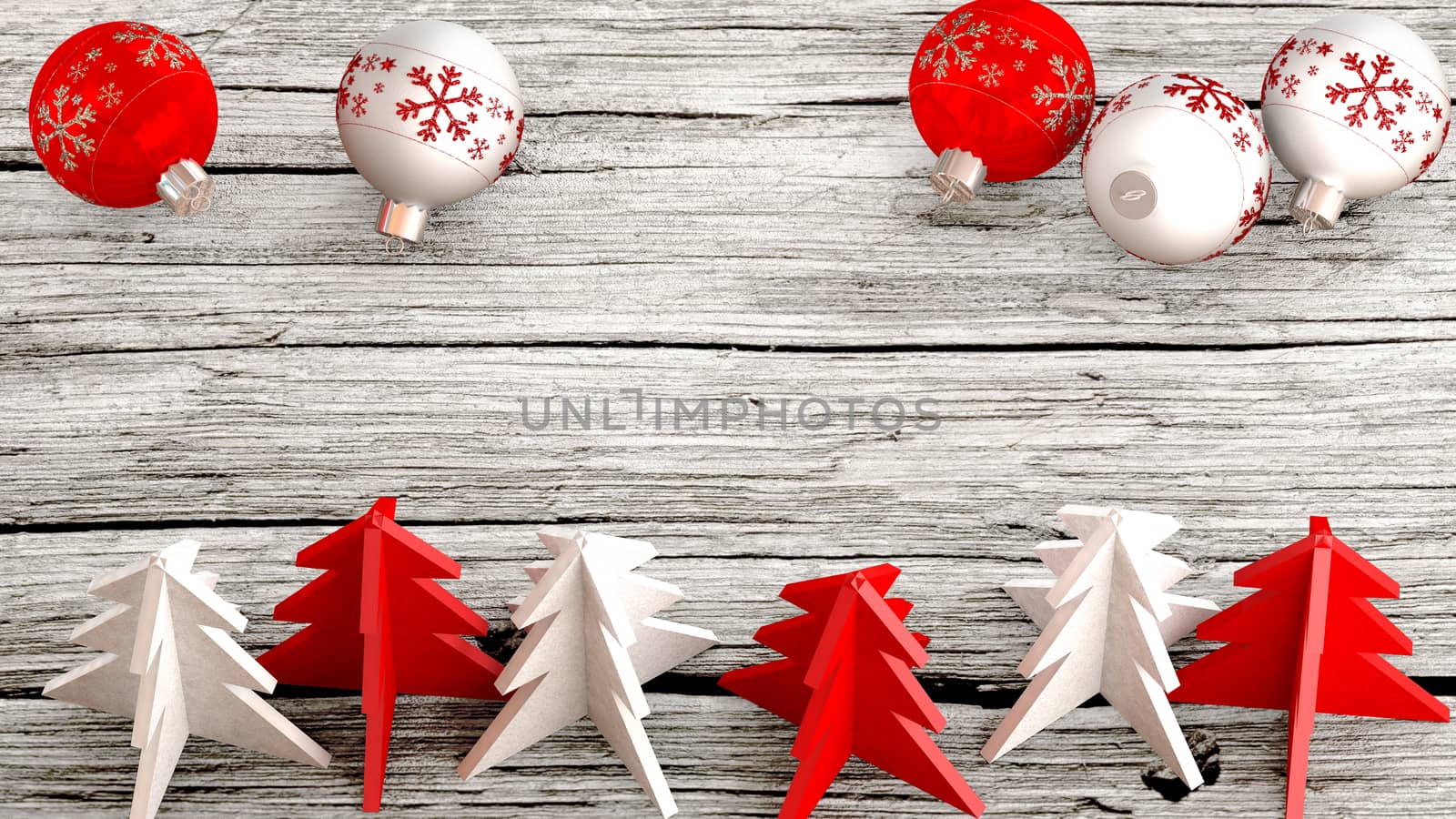 Aerial view of Christmas ornaments, balls, paper trees on a wooden table. Copy space available.