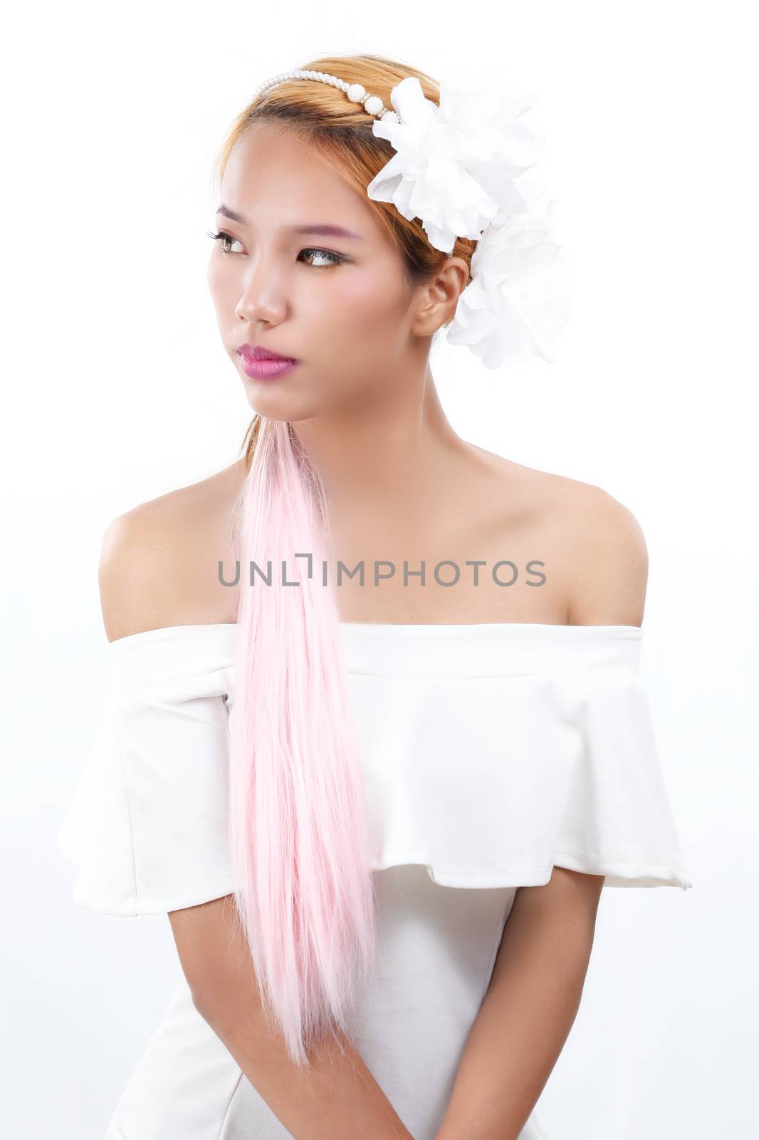 Portrait of Asian lady on white