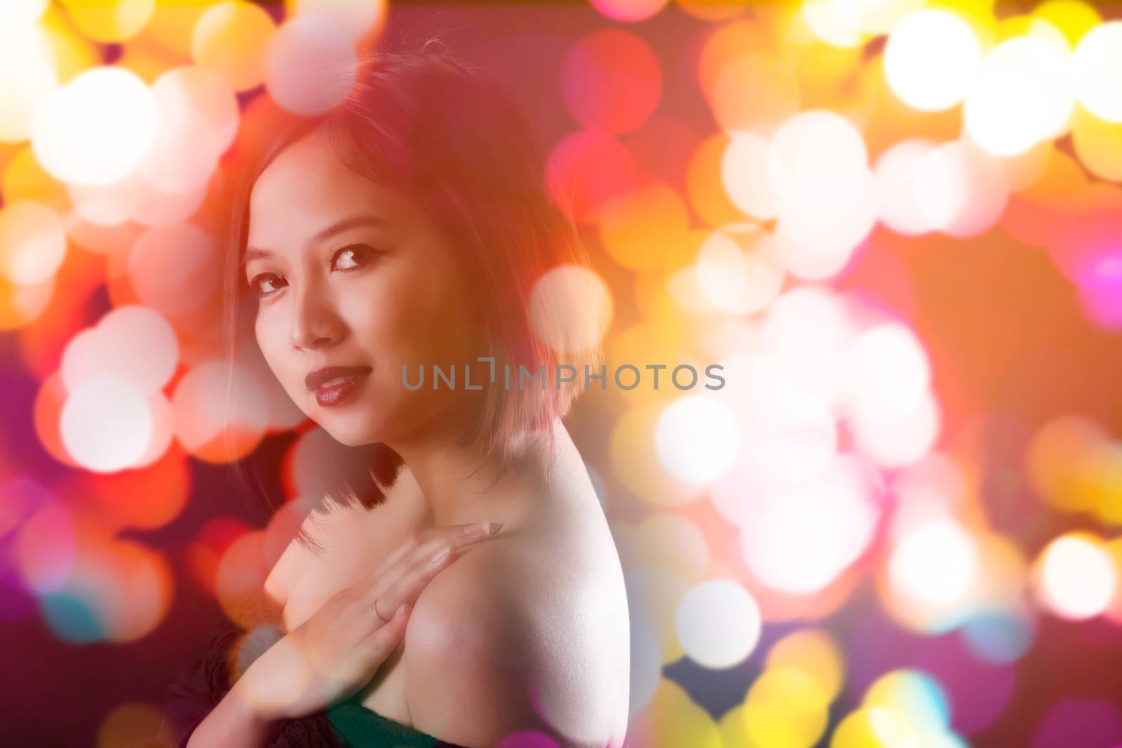 Double exposure of lady and bokeh effect - nightlife concept