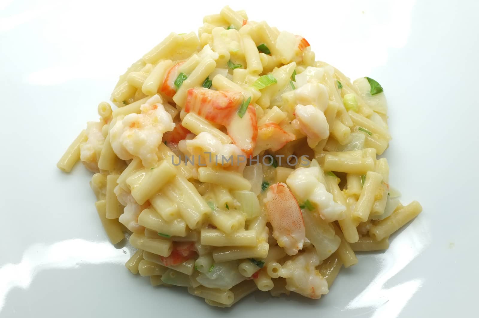Macaroni, pasta with white cheese, shrimp, crab stick and onion