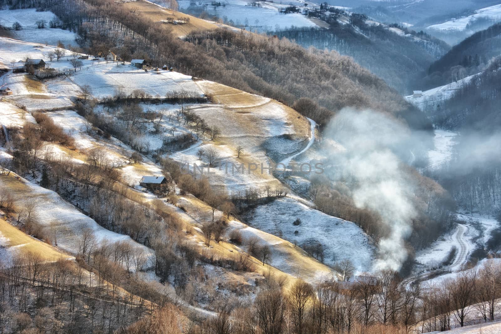 Frozen sunny day of a winter, on wild transylvania hills. Holbav. Romania. Low key, dark background, spot lighting, and rich Old Masters by constantinhurghea