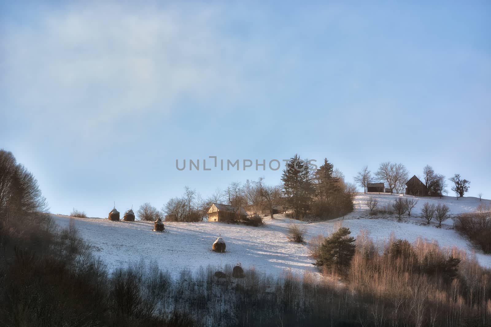 Frozen sunny day of a winter, on wild transylvania hills. Holbav. Romania. Low key, dark background, spot lighting, and rich Old Masters