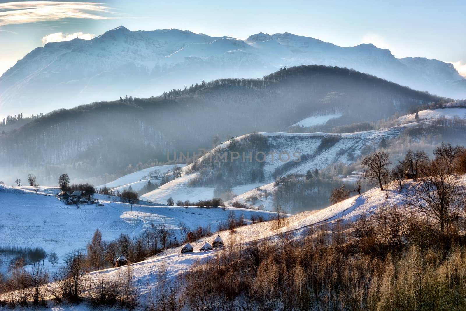 Frozen sunny day of a winter, on wild transylvania hills. Holbav. Romania. Low key, dark background, spot lighting, and rich Old Masters by constantinhurghea