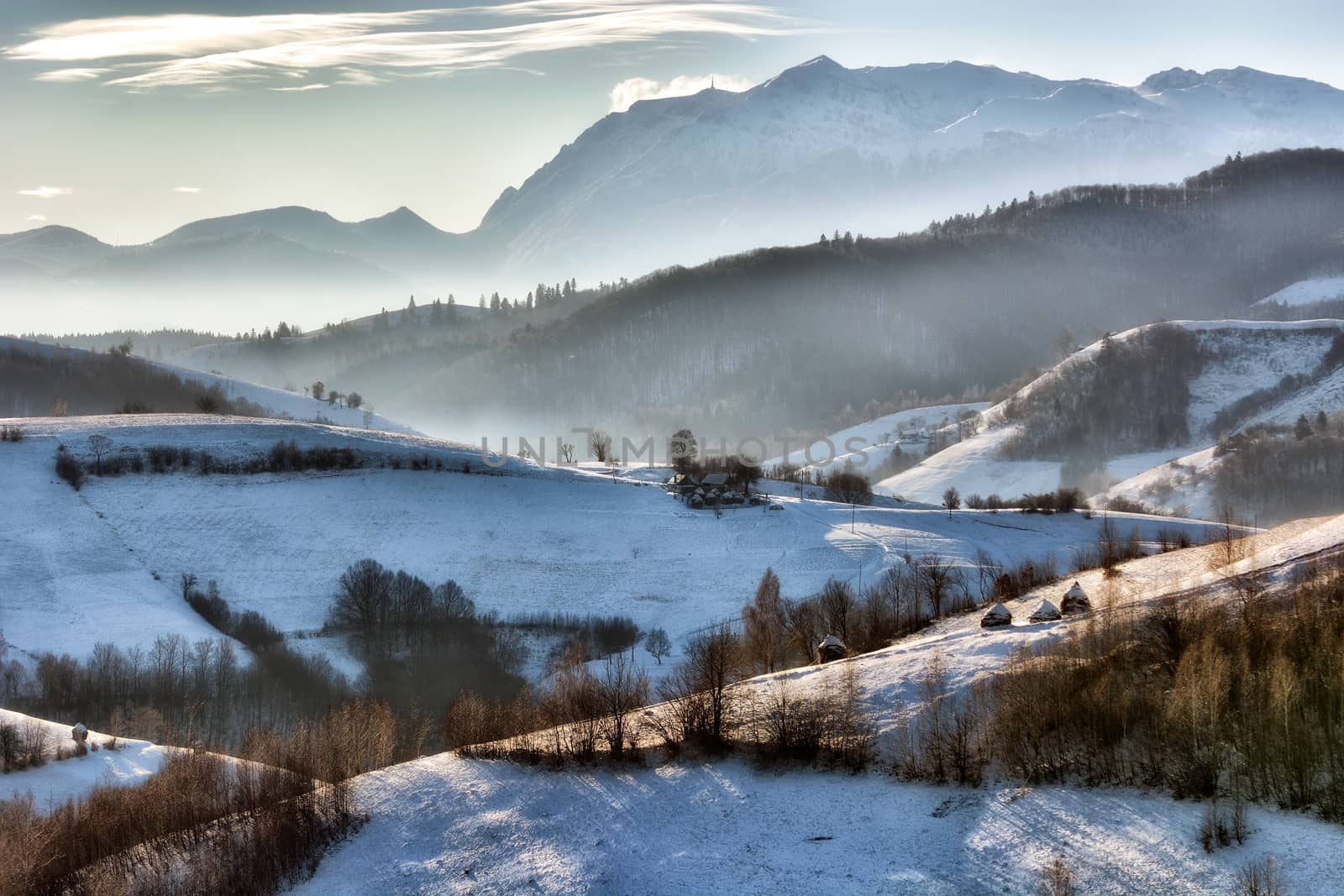 Frozen sunny day of a winter, on wild transylvania hills. Holbav. Romania. Low key, dark background, spot lighting, and rich Old Masters by constantinhurghea