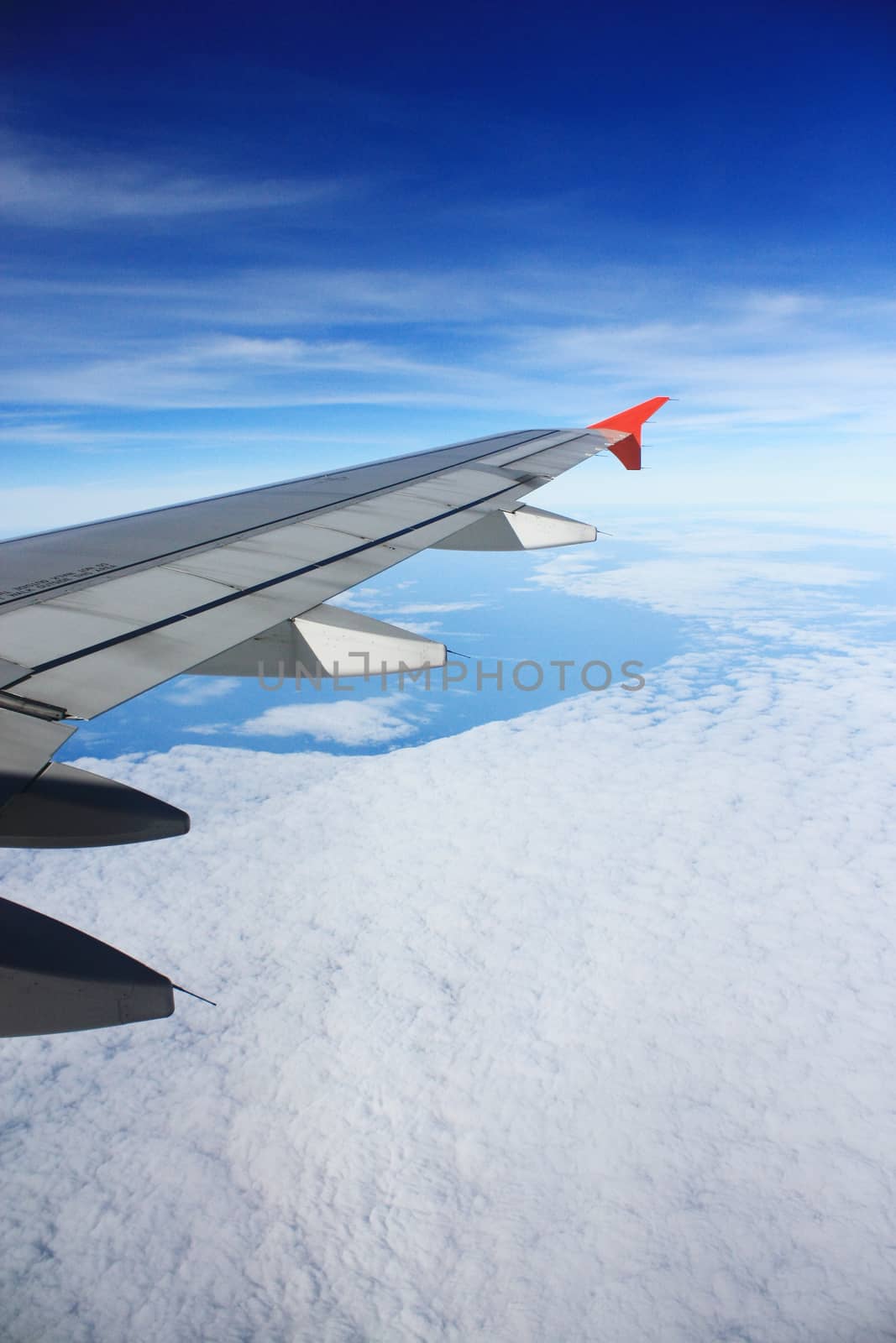 The airplane wing over the cloud