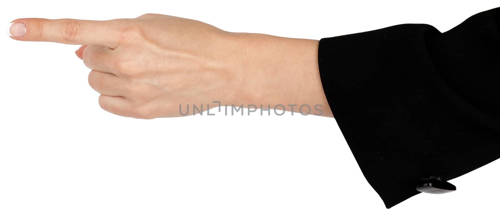 Female hand pointing with finger on isolated white background