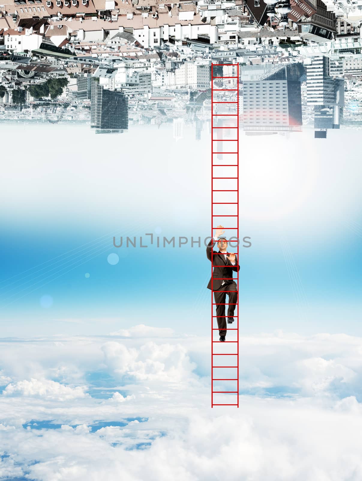 Businessman climbing up ladder from clouds to city