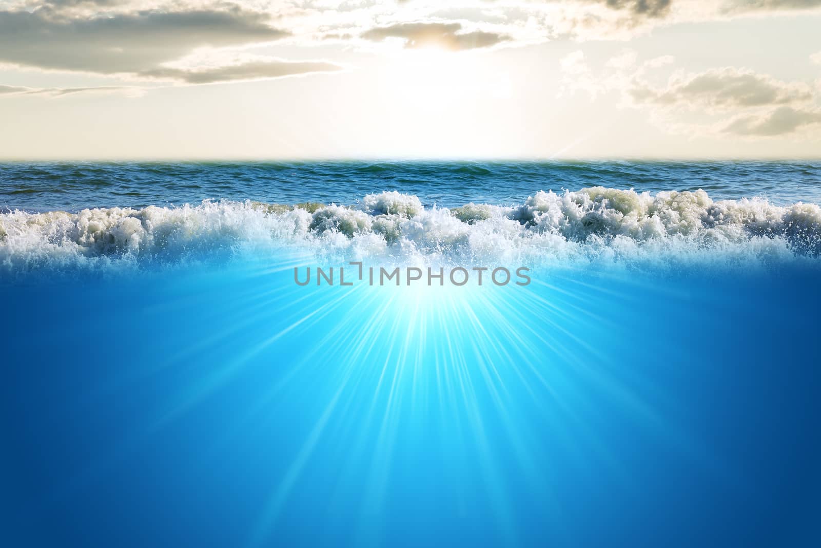 Blue ocean and sky with clouds and light, nature concept