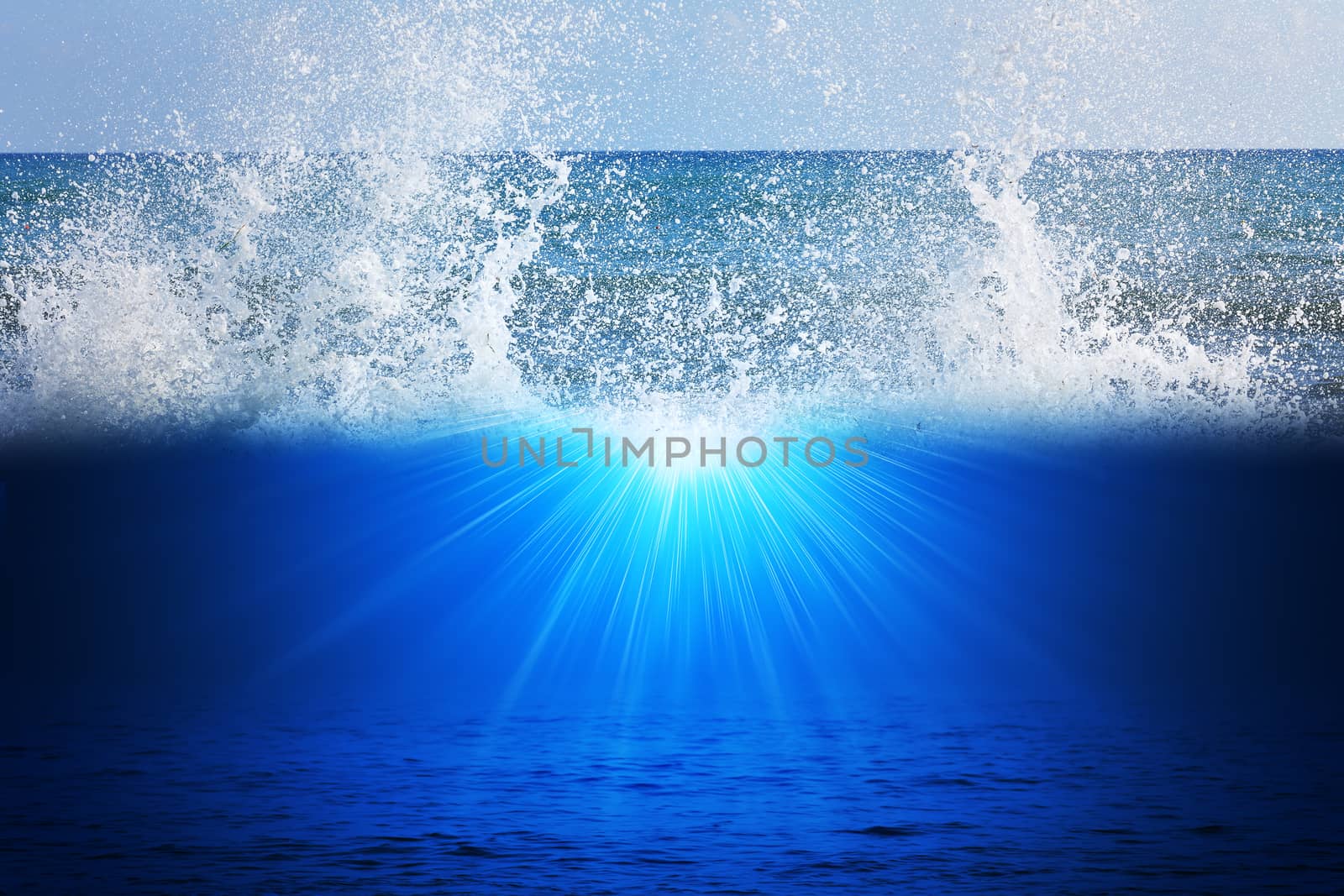 Blue ocean with waves and sky, nature concept