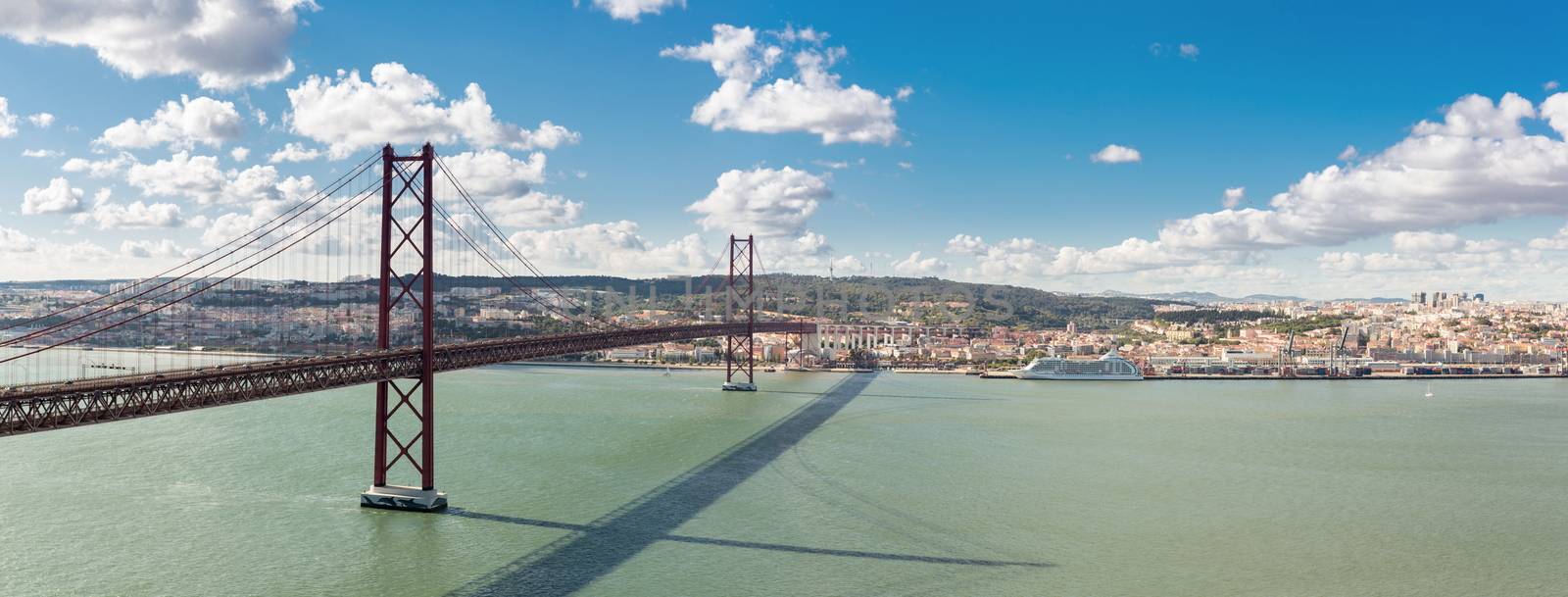 Panorama of Lisbon cityscape with 25 de Abril suspension Bridge, Portugal