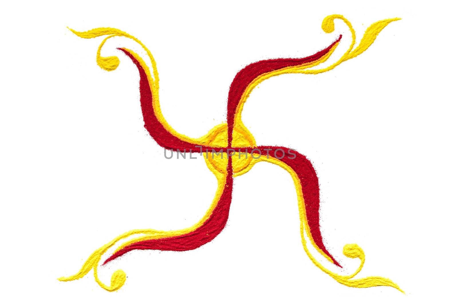 Top view close up of colorful swastik rangoli symbol made of handmade soil colors isolated on white background.