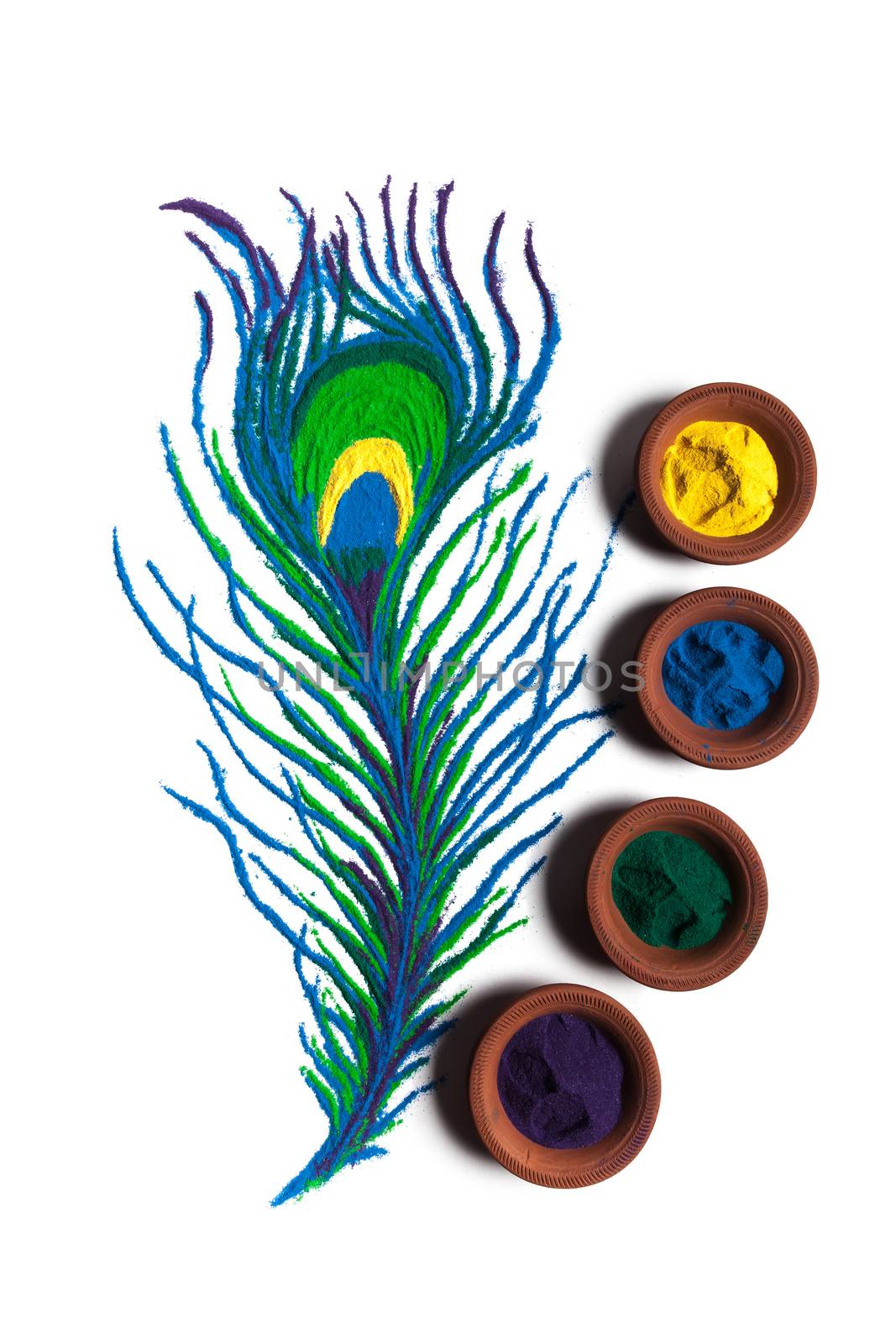 Colorful Peacock feather rangoli made of handmade soil colors with clay pots on white background.