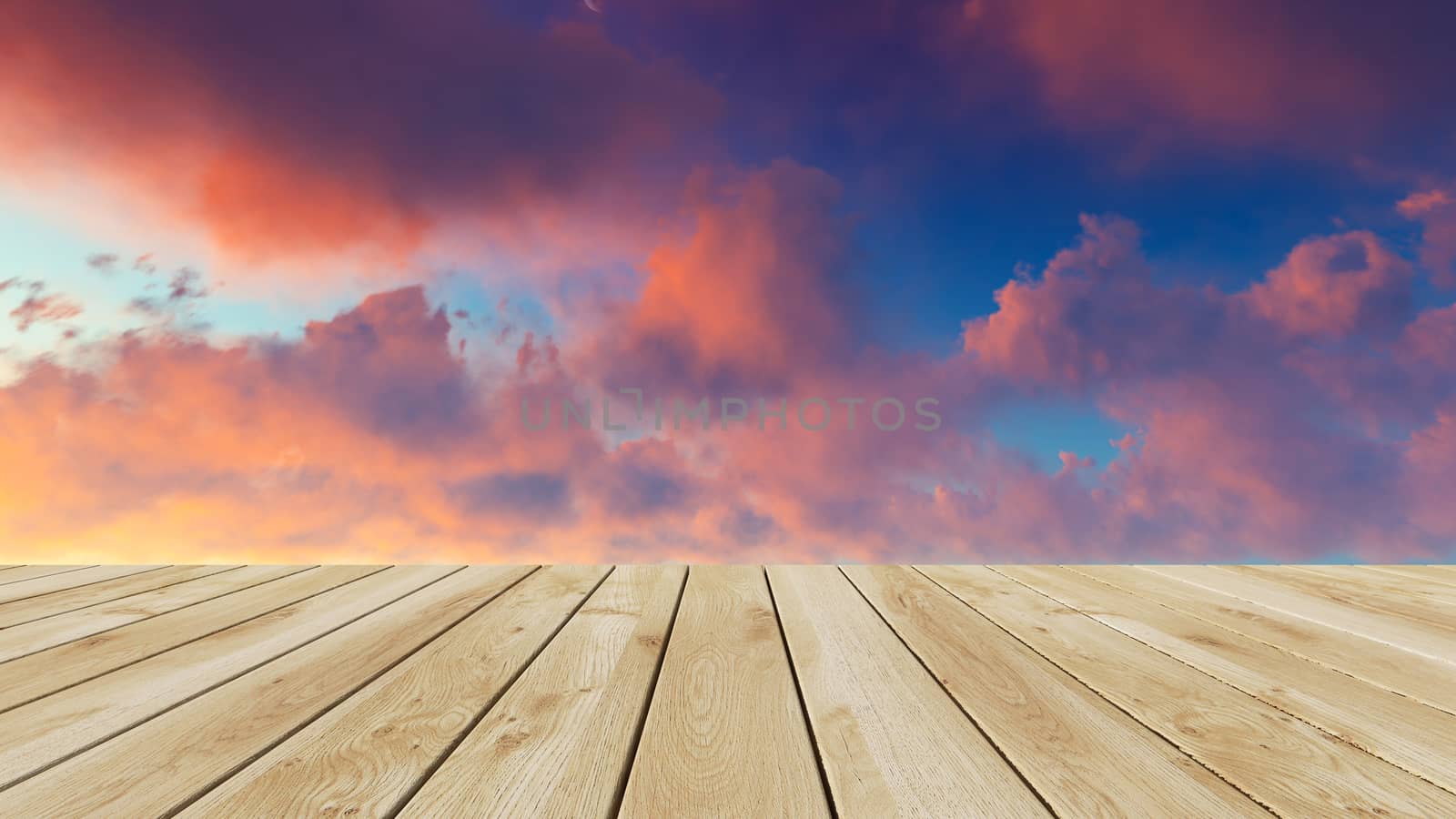 Perspective wood and sunset background by teerawit