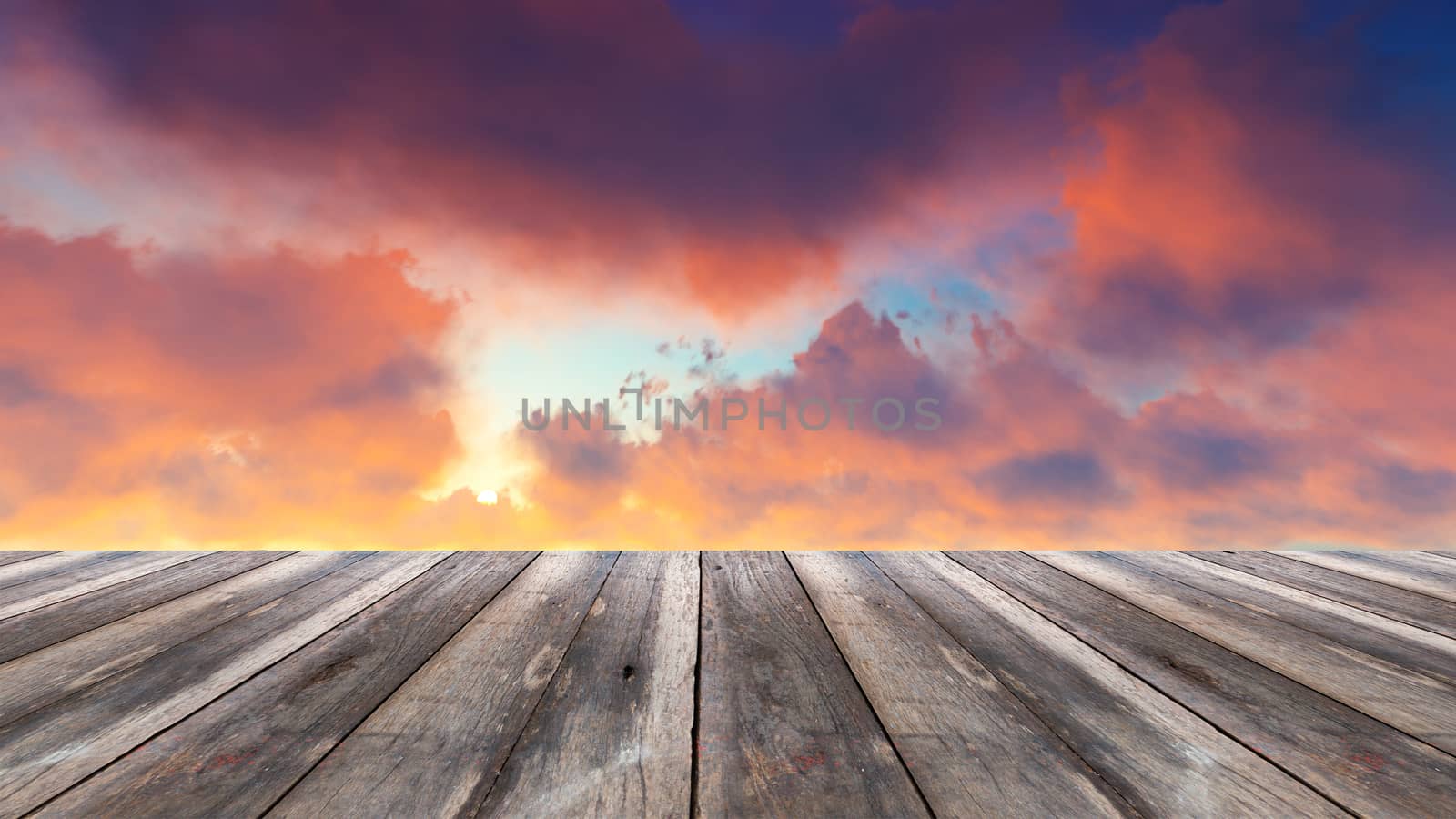 Perspective wood and sunset background by teerawit