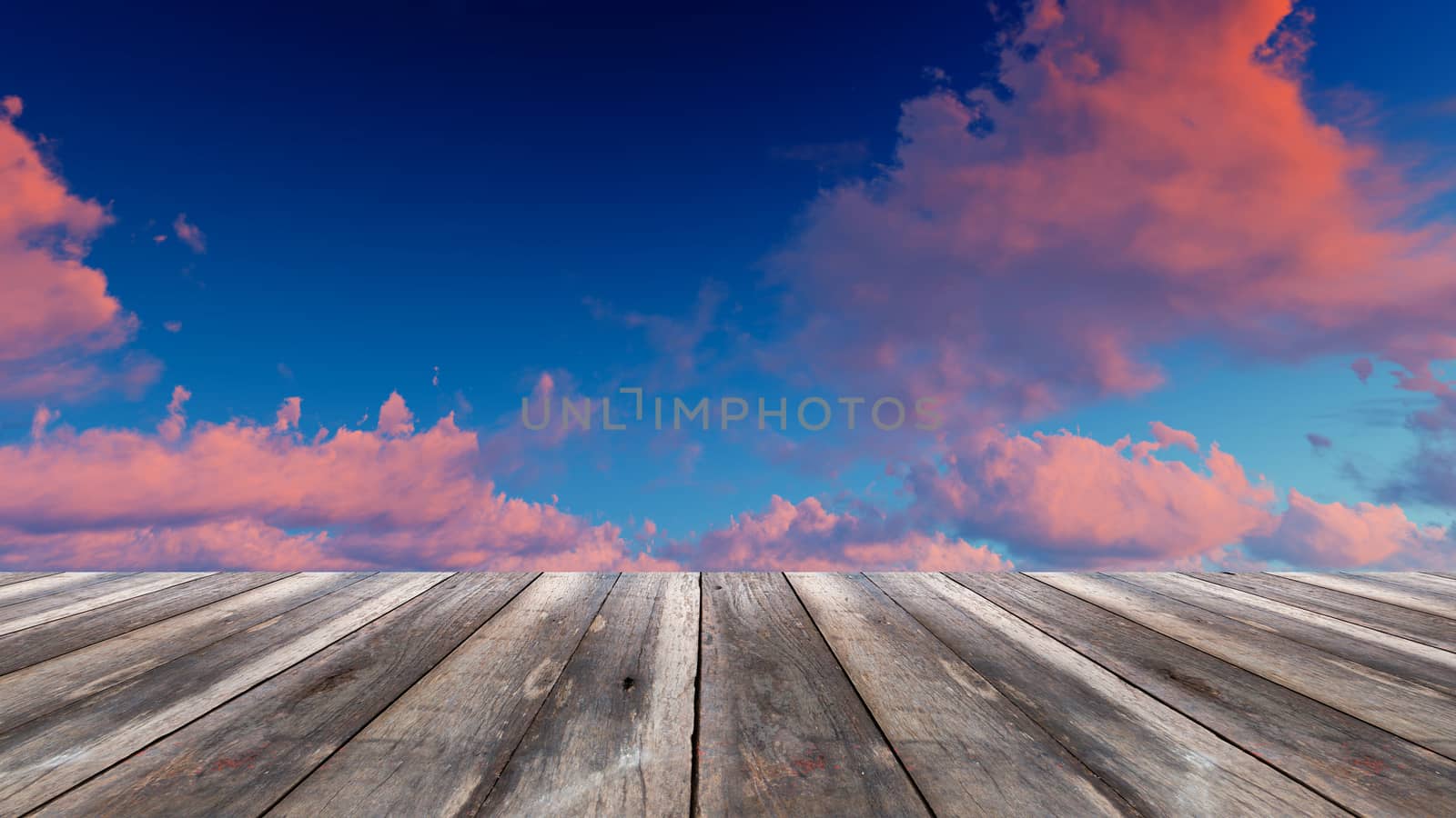 Perspective wood and sunset background. product display template