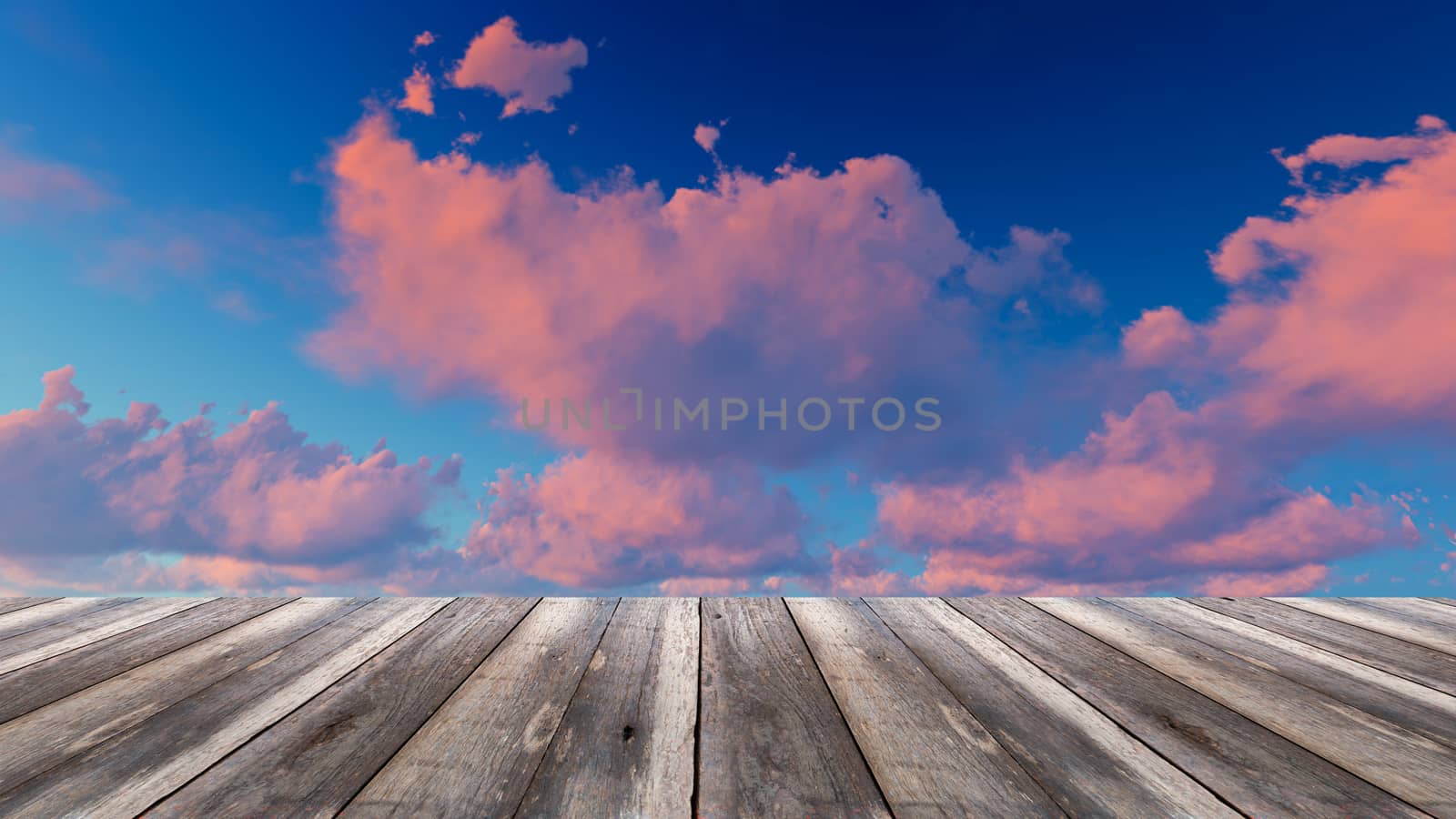 Perspective wood and sunset background. product display template