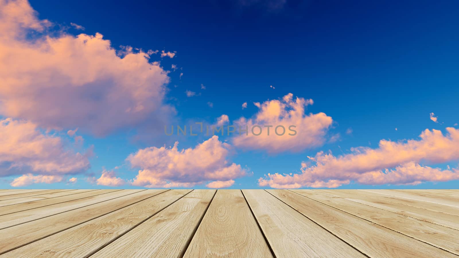 Perspective wood and sunset background. product display template