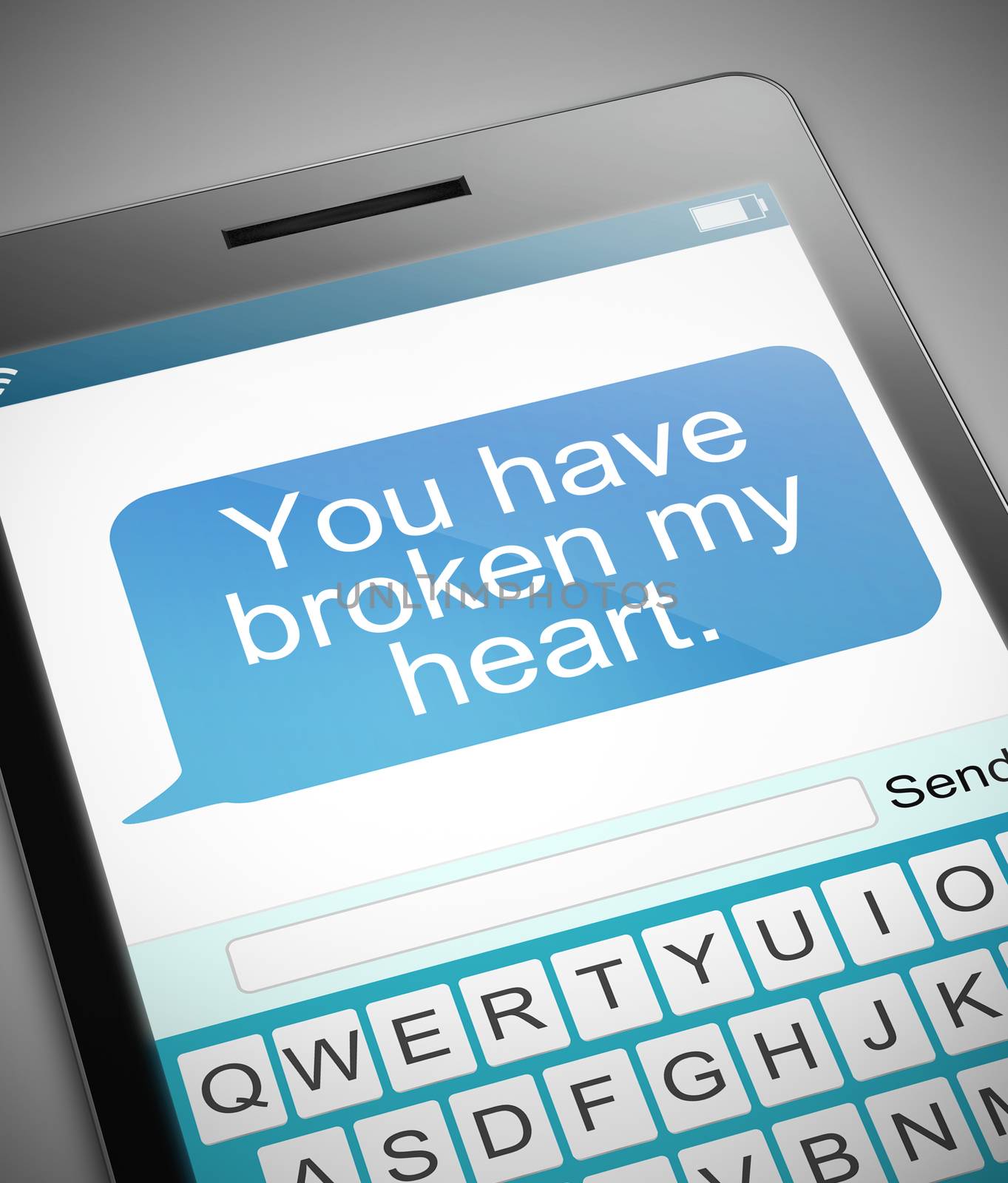 Illustration depicting a phone with a broken heart message concept.