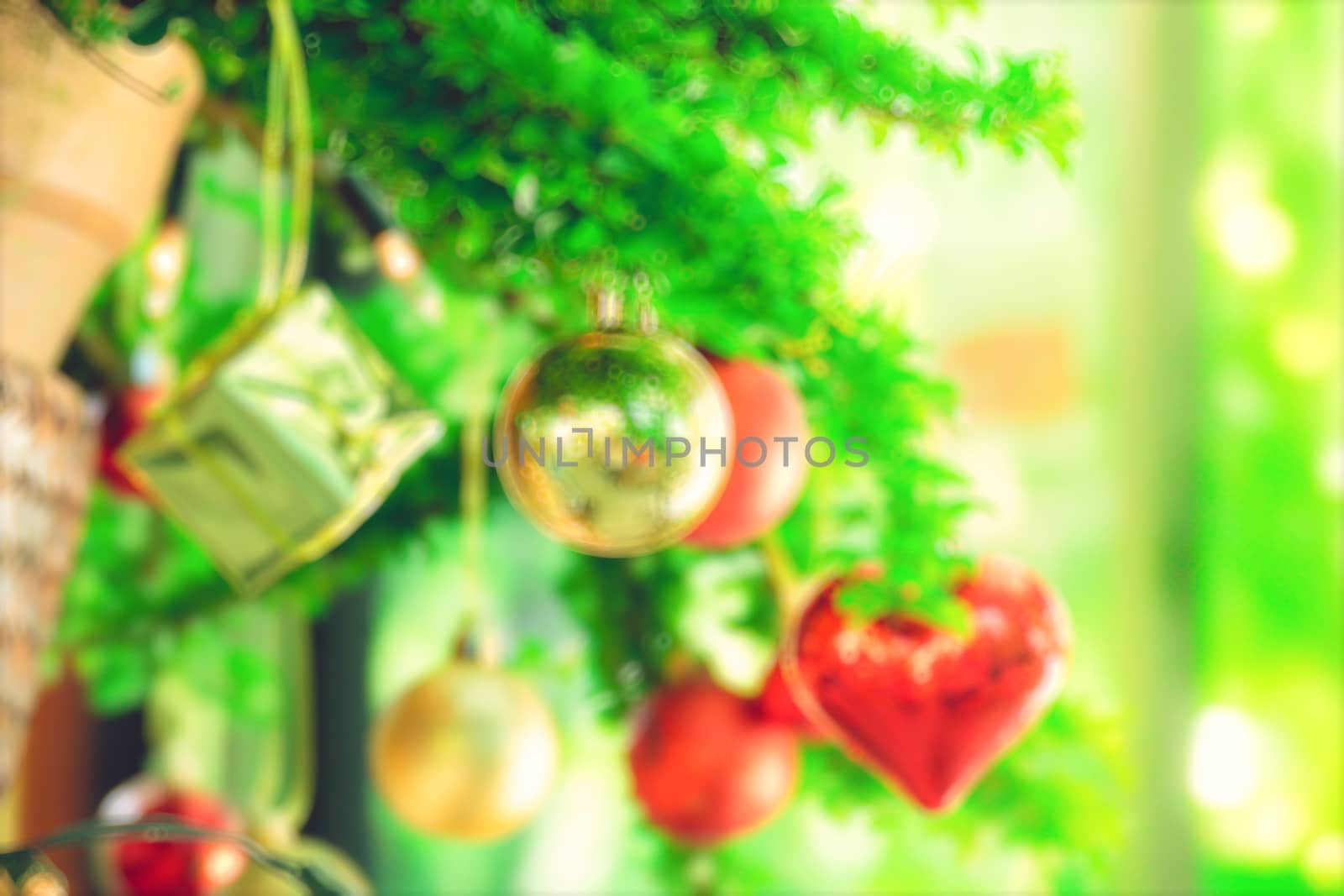 bokeh Christmas balls and Christmas tree  by teerawit